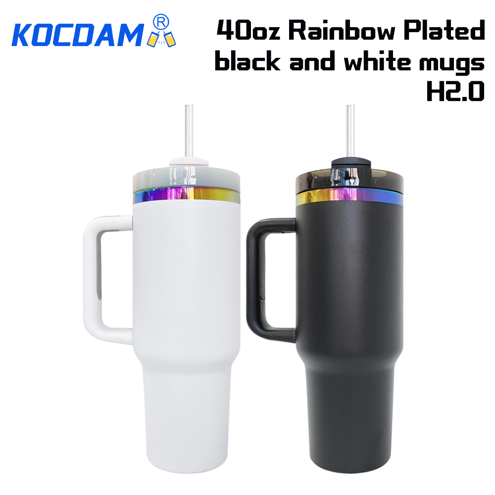 KOCDAM 20 Pack 40oz Black And White Engraved Mugs Powder-Coated Mugs Colrs Underneath With Plastic Straws
