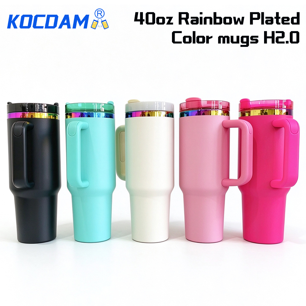 KOCDAM 20 Pack 40oz Colors Engraved Mugs Powder-Coated Mugs Colors Underneath With Plastic Straws