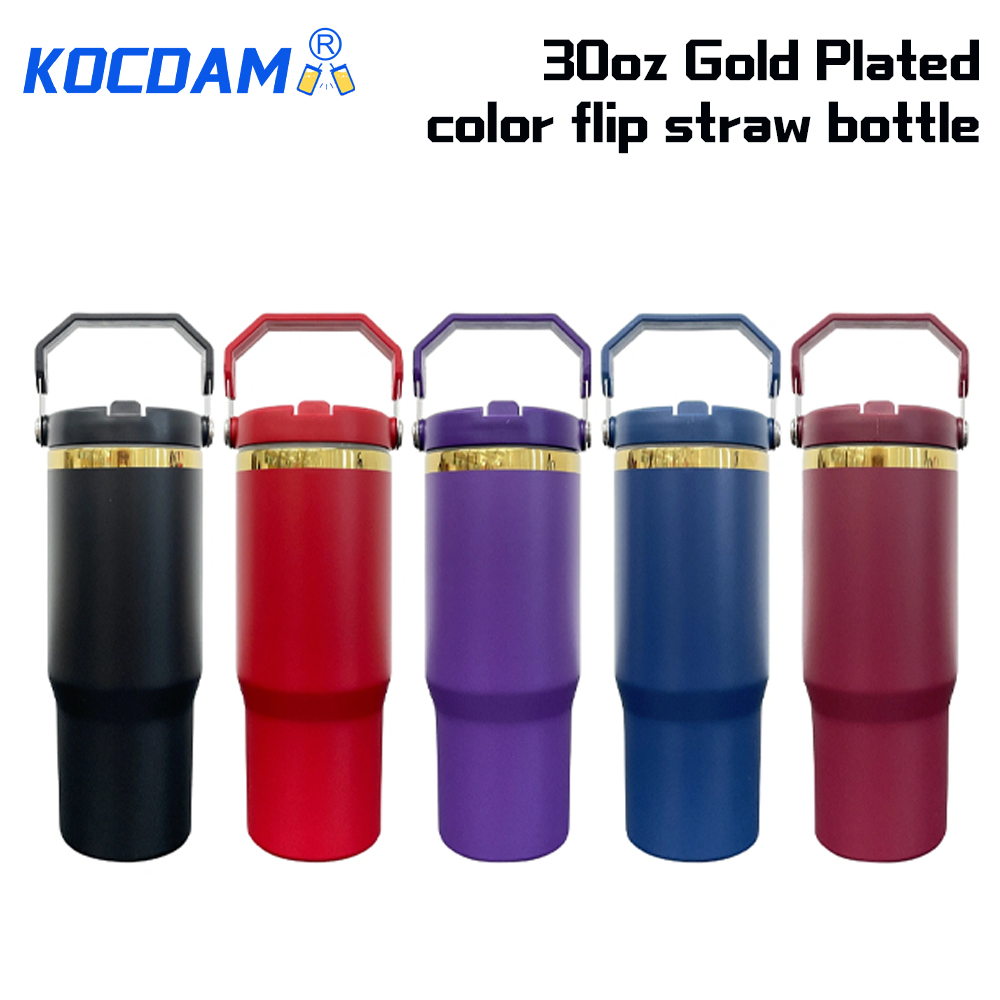 KOCDAM 30 Pack 30oz Colors Engraved Flip Bottles Powder-Coated Cups Gold Underneath Mugs With Plastic Straws