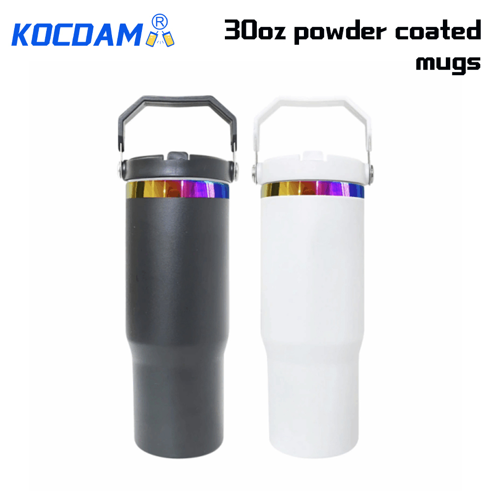 KOCDAM 30 Pack 30oz Black and White Engraved Flip Bottles Powder-Coated Cups Colors Underneath Mugs With Plastic Straws