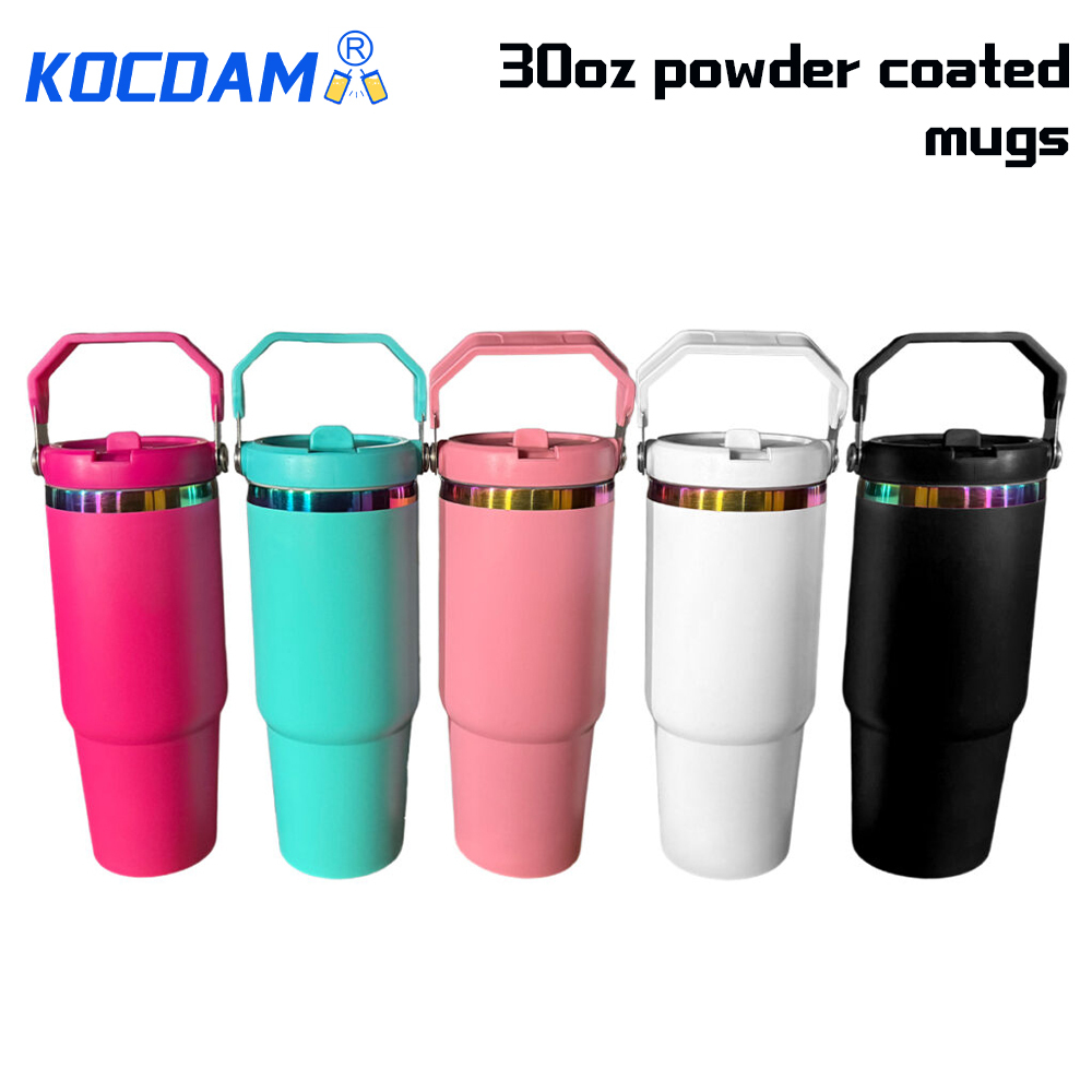 KOCDAM 30 Pack 30oz Colors Engraved Flip Bottles Powder-Coated Cups Colors Underneath Mugs With Plastic Straws