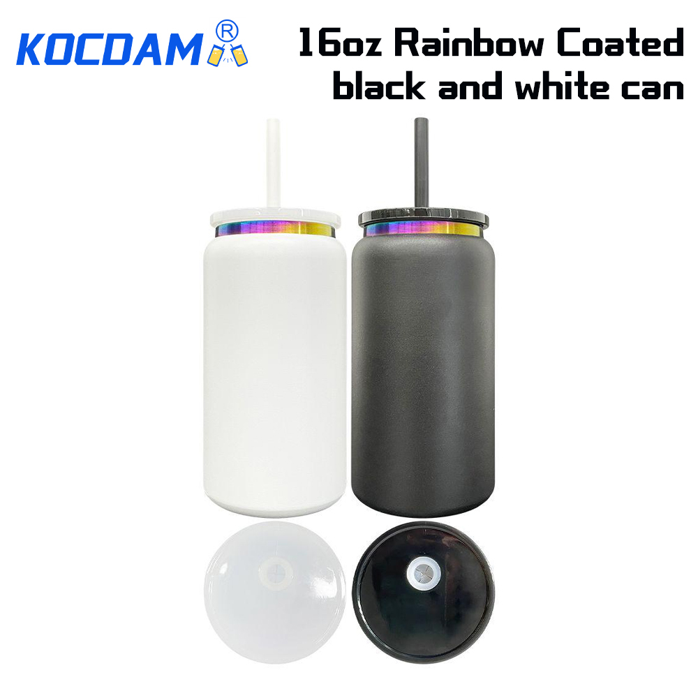 KOCDAM 25 Pack 16oz Black And White Powder Coated Vacuum Stainless Steel  Cups Colors Underneath Cups With  Plastic Straw