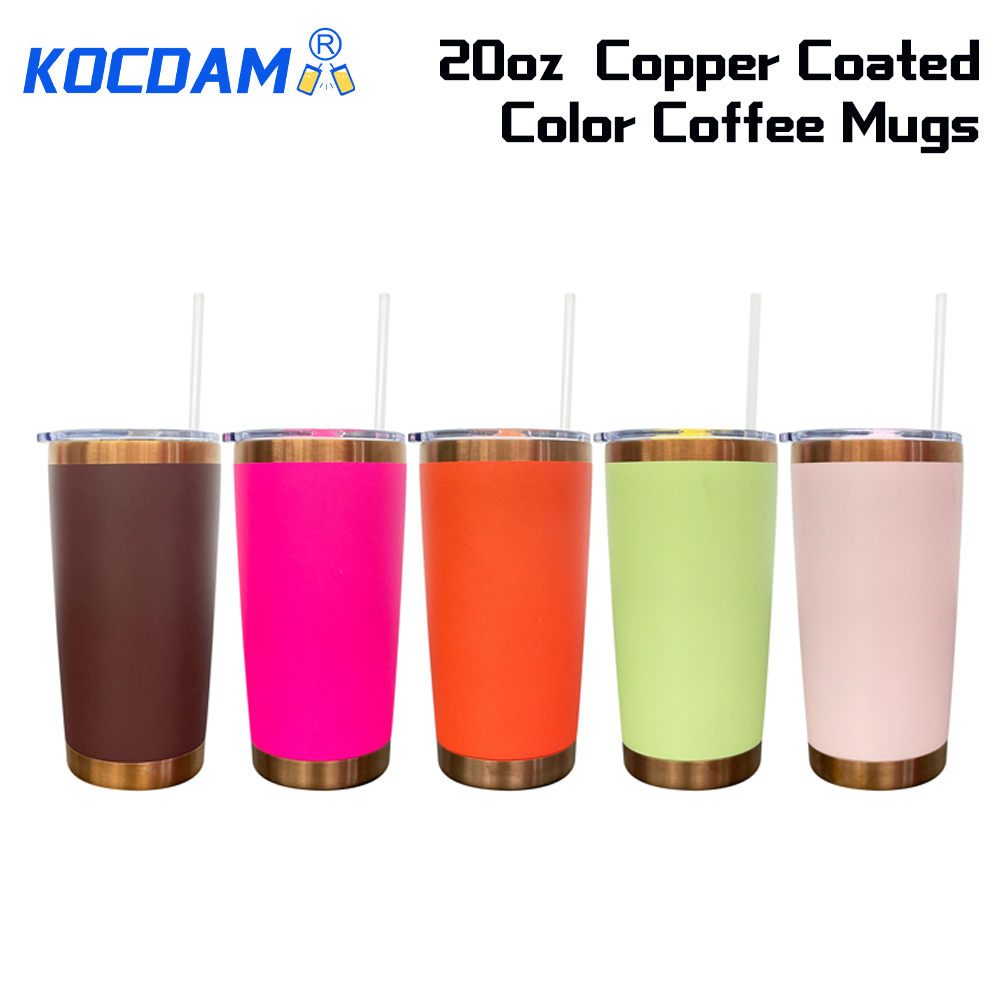 KOCDAM 25 Pack 20oz Color Powder Coated Vacuum Stainless Steel Cups Colors Coffee Mugs Copper Underneath  With  Plastic Straw