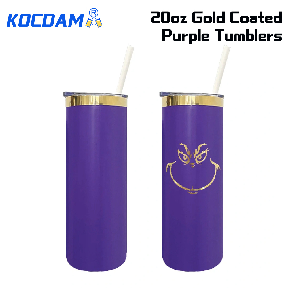 KOCDAM 25 Pack 20oz Purple Powder Coated Vacuum Stainless Steel Cups Tumblers Gold Underneath With Plastic Straw