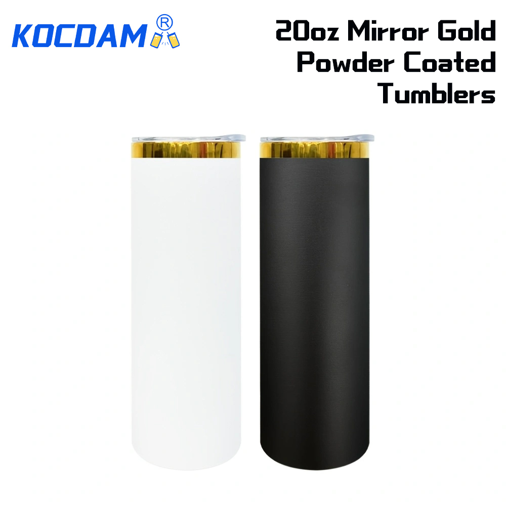 KOCDAM 25 Pack 20oz Black And White Powder Coated Vacuum Stainless Steel Cups Tumblers Gold Underneath With Plastic Straw