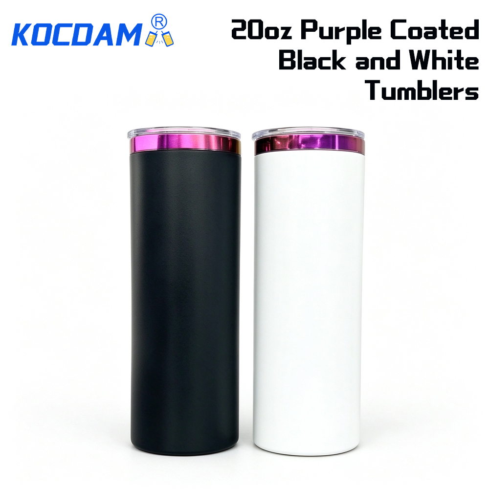 KOCDAM 25 Pack 20oz Black And White Powder Coated Vacuum Stainless Steel Cups Tumblers Purple Underneath With Plastic Straw