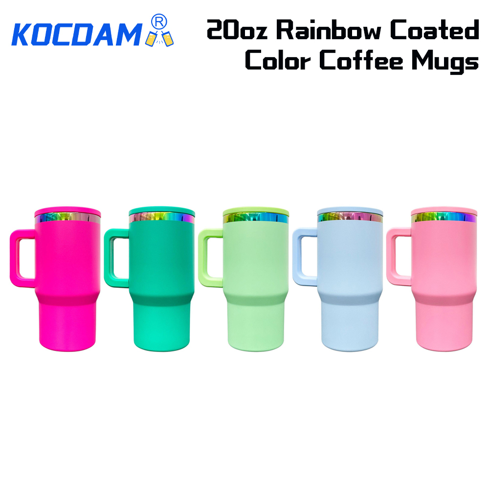 KOCDAM 25 Pack 20oz Colors Powder Coated Vacuum Stainless Steel Cups Tumblers With Handles Colors Underneath With Plastic Straw