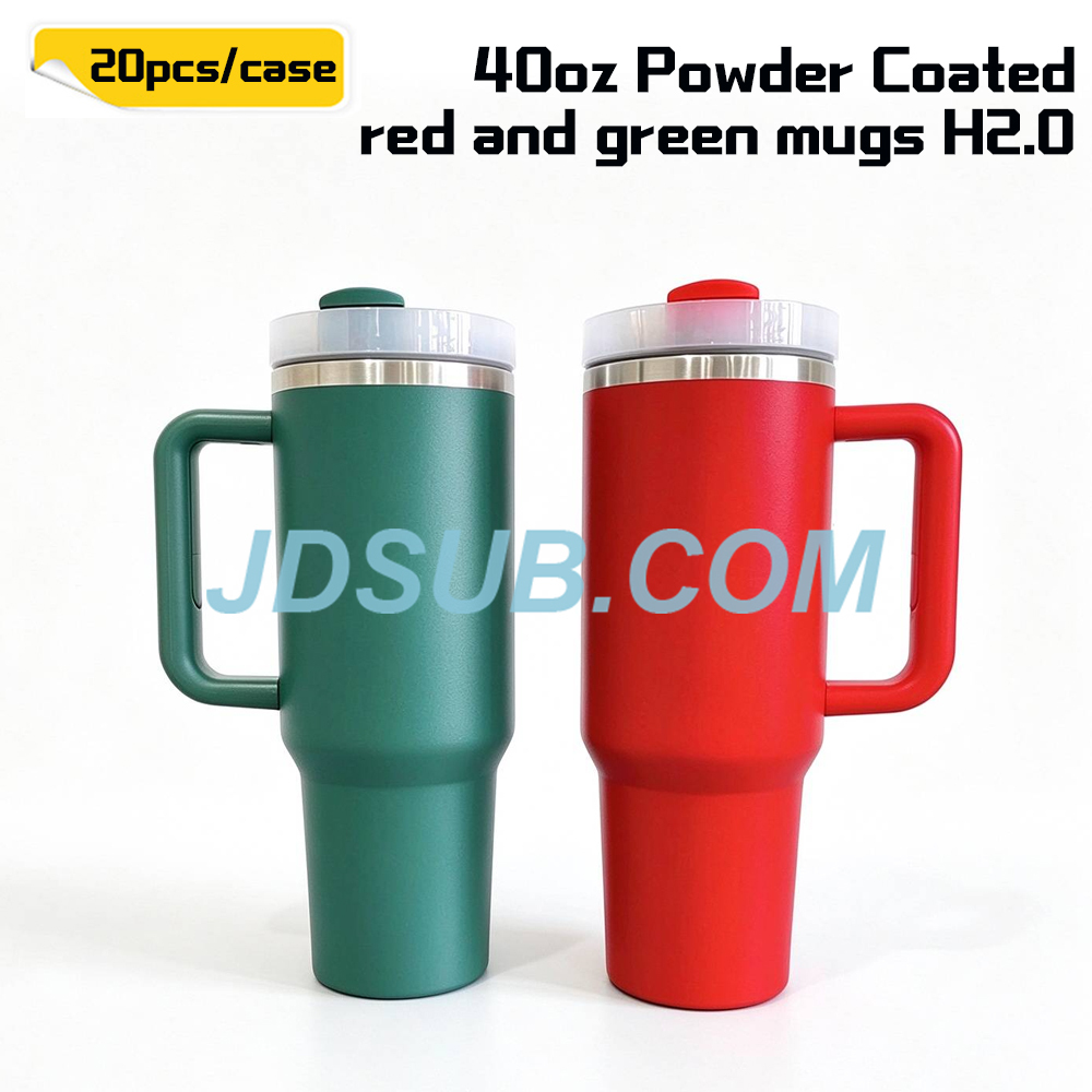 KOCDAM 20 Pack 40oz Red And Green Engraved Mugs Powder-Coated Mugs Stainless Steel Colors Underneath With Plastic Straws