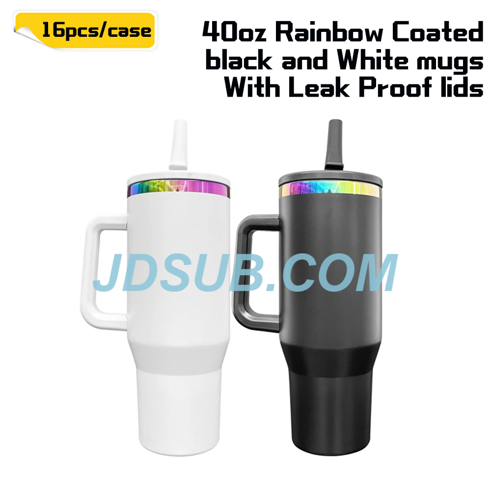 KOCDAM 16 Pack 40oz Black And Whie Engraved Mugs Powder-Coated Mugs Colors Underneath With Plastic Straws