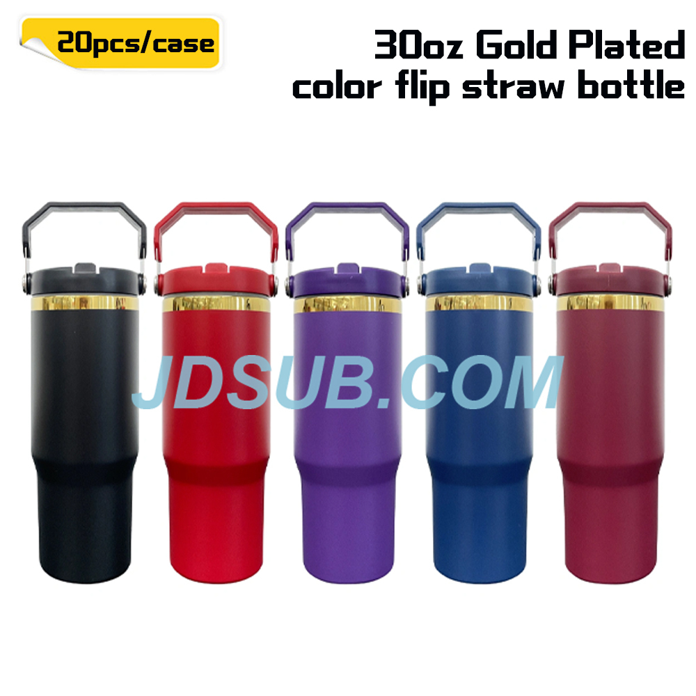 KOCDAM 30 Pack 30oz Colors Engraved Flip Bottles Powder-Coated Cups Gold Underneath Mugs With Plastic Straws