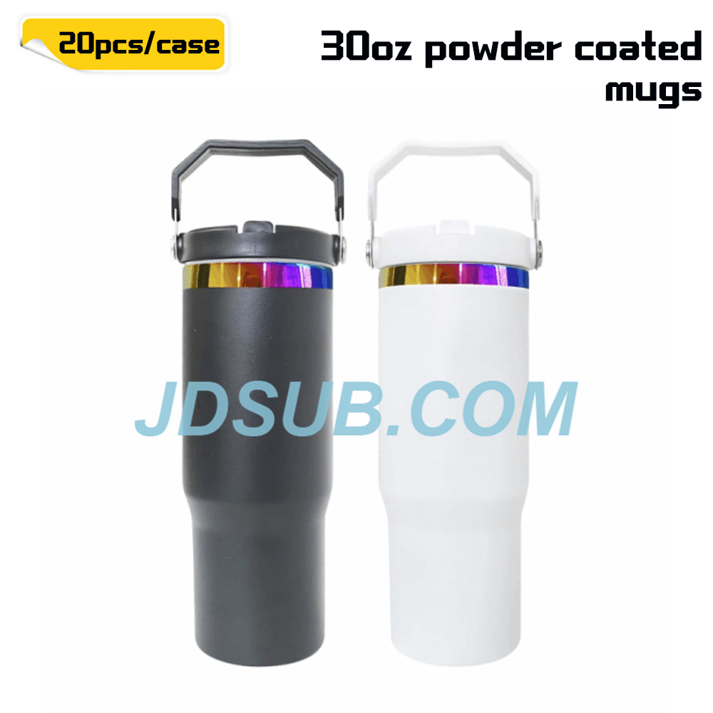 KOCDAM 30 Pack 30oz Black and White Engraved Flip Bottles Powder-Coated Cups Colors Underneath Mugs With Plastic Straws
