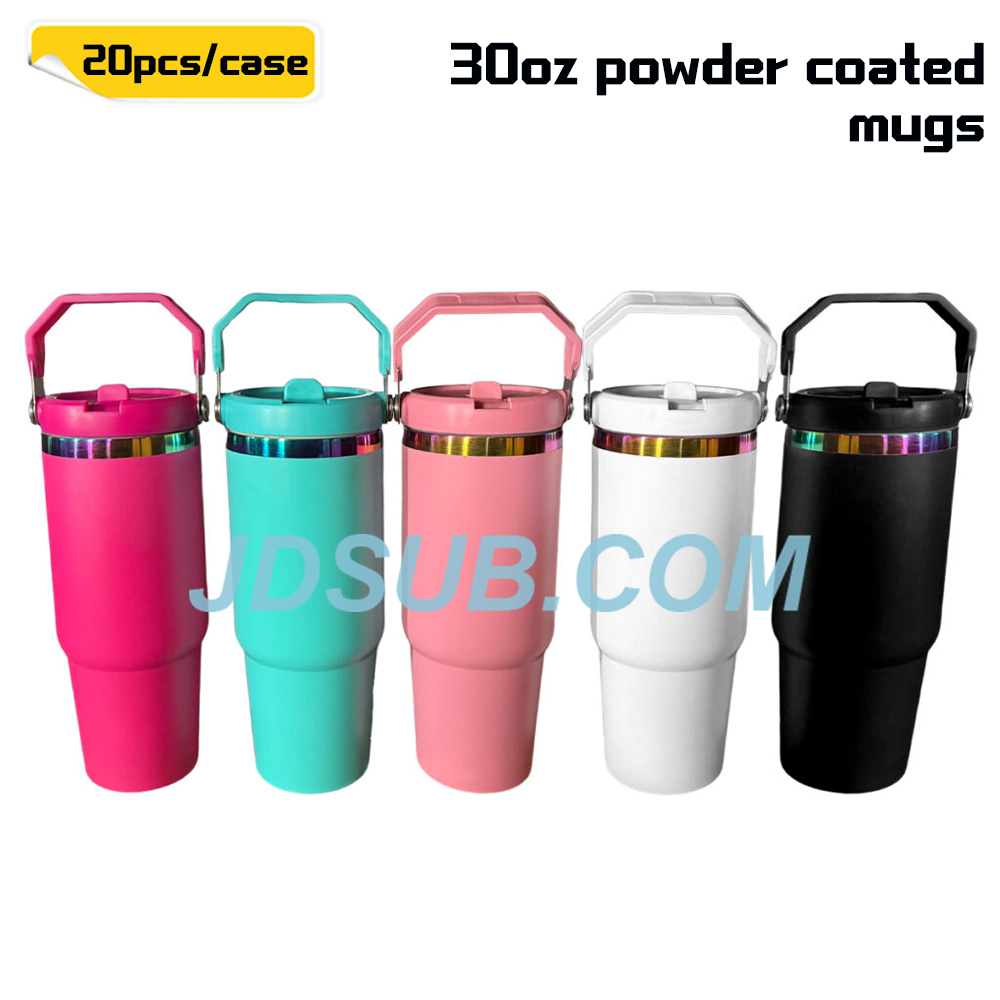 KOCDAM 30 Pack 30oz Colors Engraved Flip Bottles Powder-Coated Cups Colors Underneath Mugs With Plastic Straws