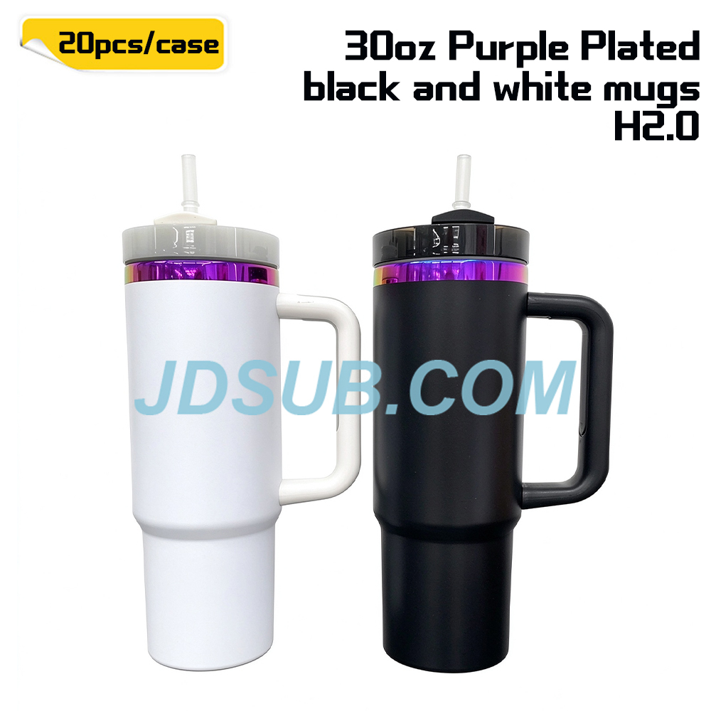 KOCDAM 20Pack 30oz Black and White Engraved Mugs Powder-Coated Cups Purple Underneath Mugs With Plastic Straws