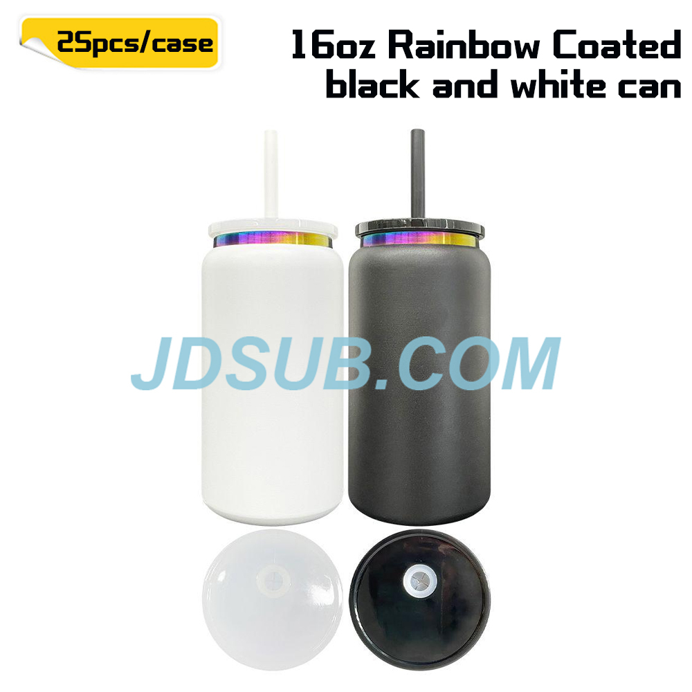 KOCDAM 25 Pack 16oz Black And White Powder Coated Vacuum Stainless Steel  Cups Colors Underneath Cups With  Plastic Straw