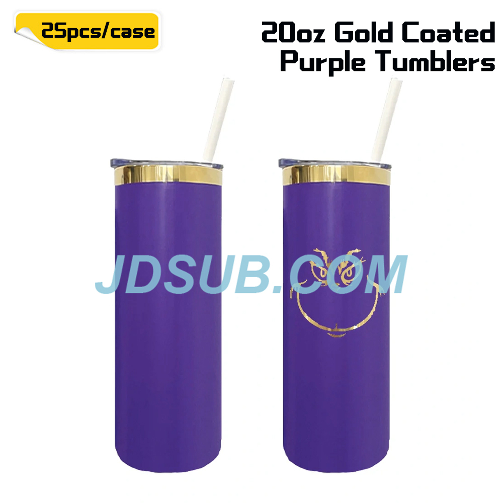 KOCDAM 25 Pack 20oz Purple Powder Coated Vacuum Stainless Steel Cups Tumblers Gold Underneath With Plastic Straw