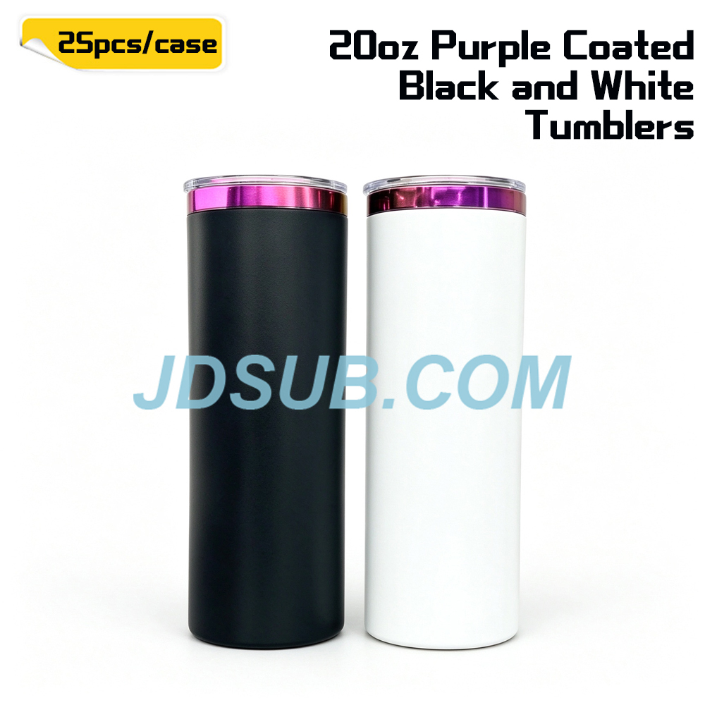 KOCDAM 25 Pack 20oz Black And White Powder Coated Vacuum Stainless Steel Cups Tumblers Purple Underneath With Plastic Straw