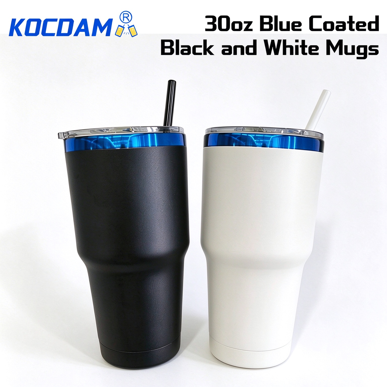 KOCDAM 25Pack 30oz Black And Whie Powder Coated Vacuum Stainless Steel Cups Colors Coffee Mugs Blue Underneath With Plastic Straw