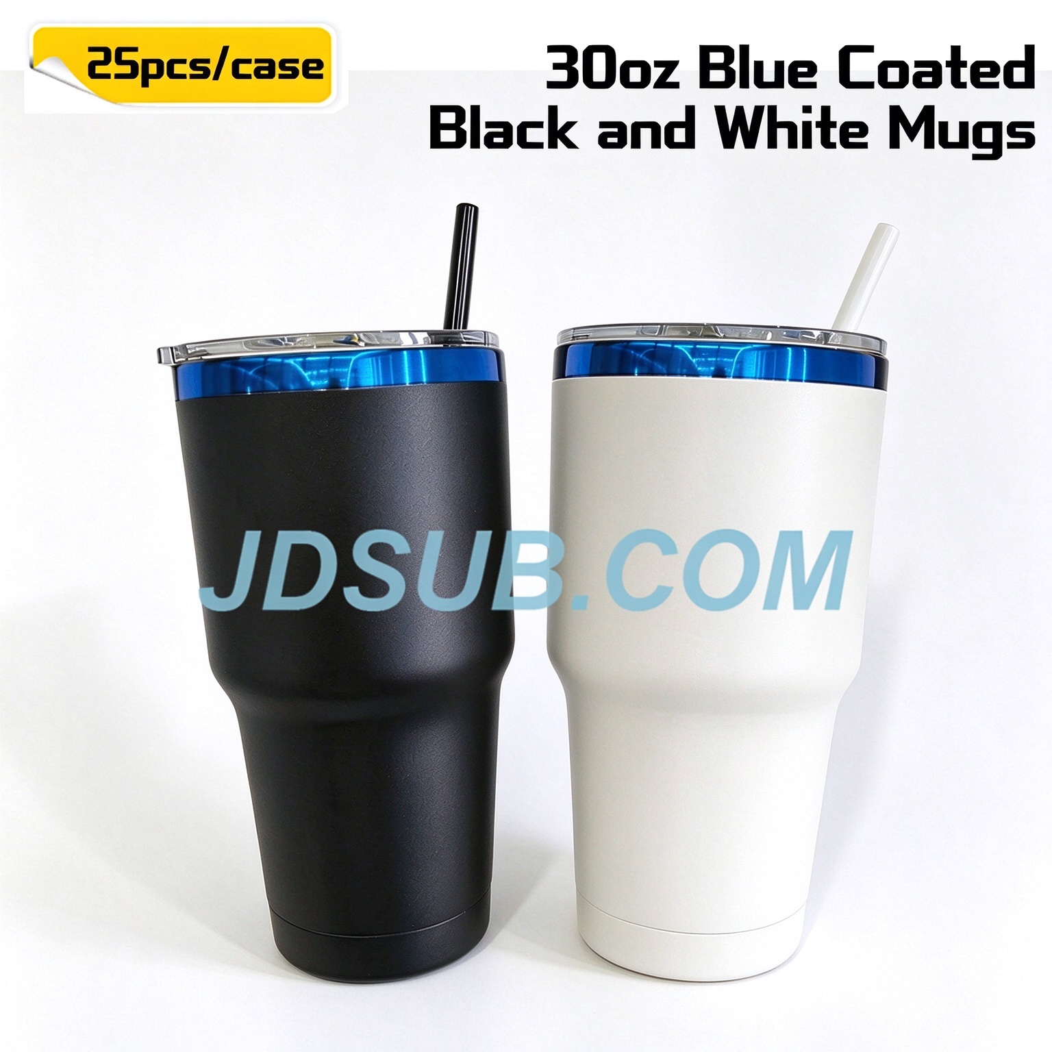 KOCDAM 25Pack 30oz Black And Whie Powder Coated Vacuum Stainless Steel Cups Colors Coffee Mugs Blue Underneath With Plastic Straw