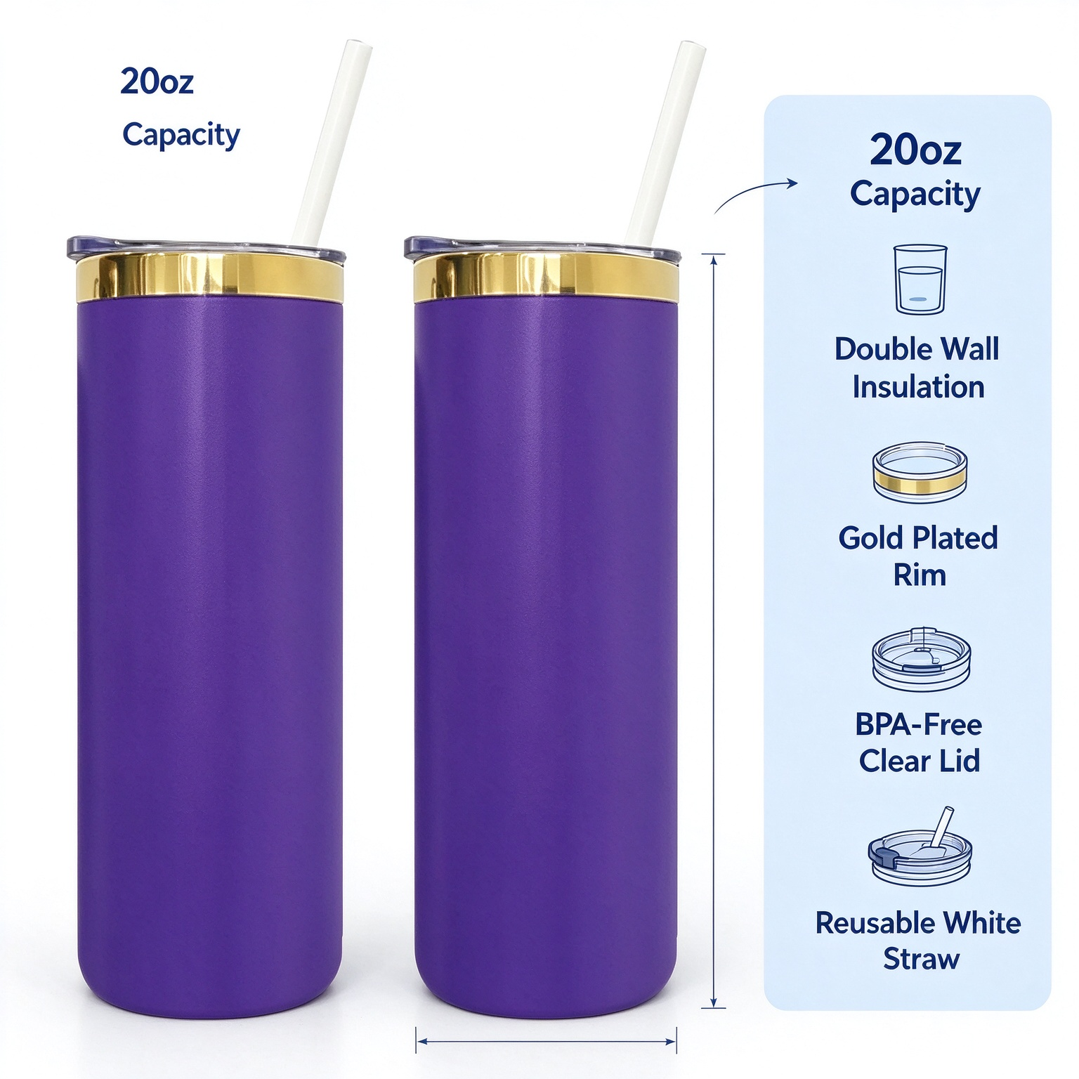 KOCDAM 25 Pack 20oz Purple Powder Coated Vacuum Stainless Steel Cups Tumblers Gold Underneath With Plastic Straw