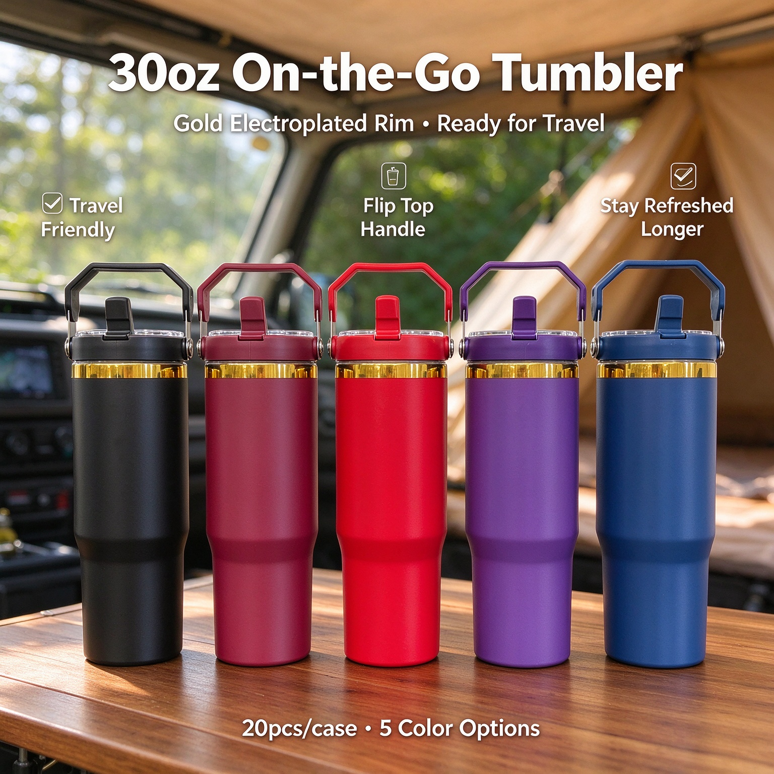 KOCDAM 20 Pack 30oz Colors Engraved Flip Bottles Powder-Coated Cups Gold Underneath Mugs With Plastic Straws