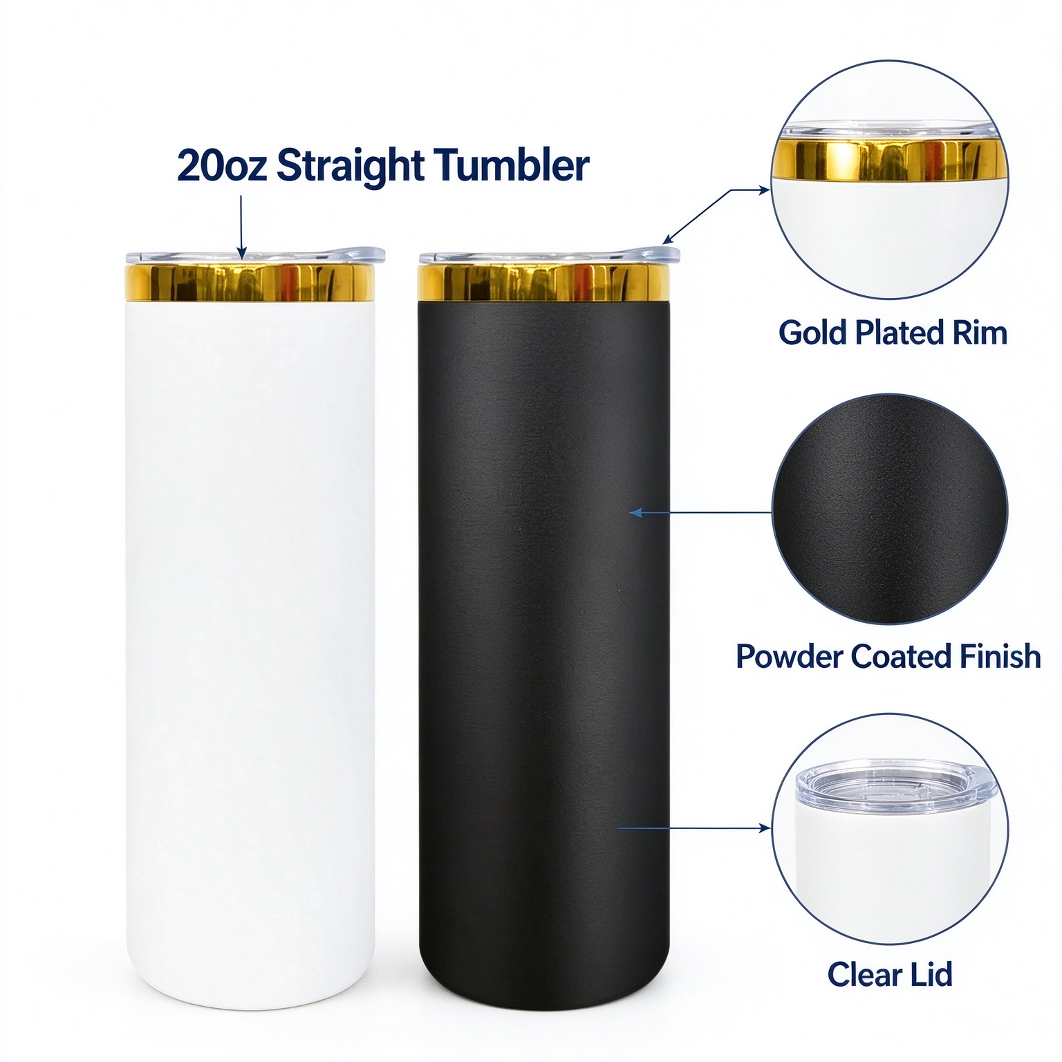 KOCDAM 25 Pack 20oz Black And White Powder Coated Vacuum Stainless Steel Cups Tumblers Gold Underneath With Plastic Straw