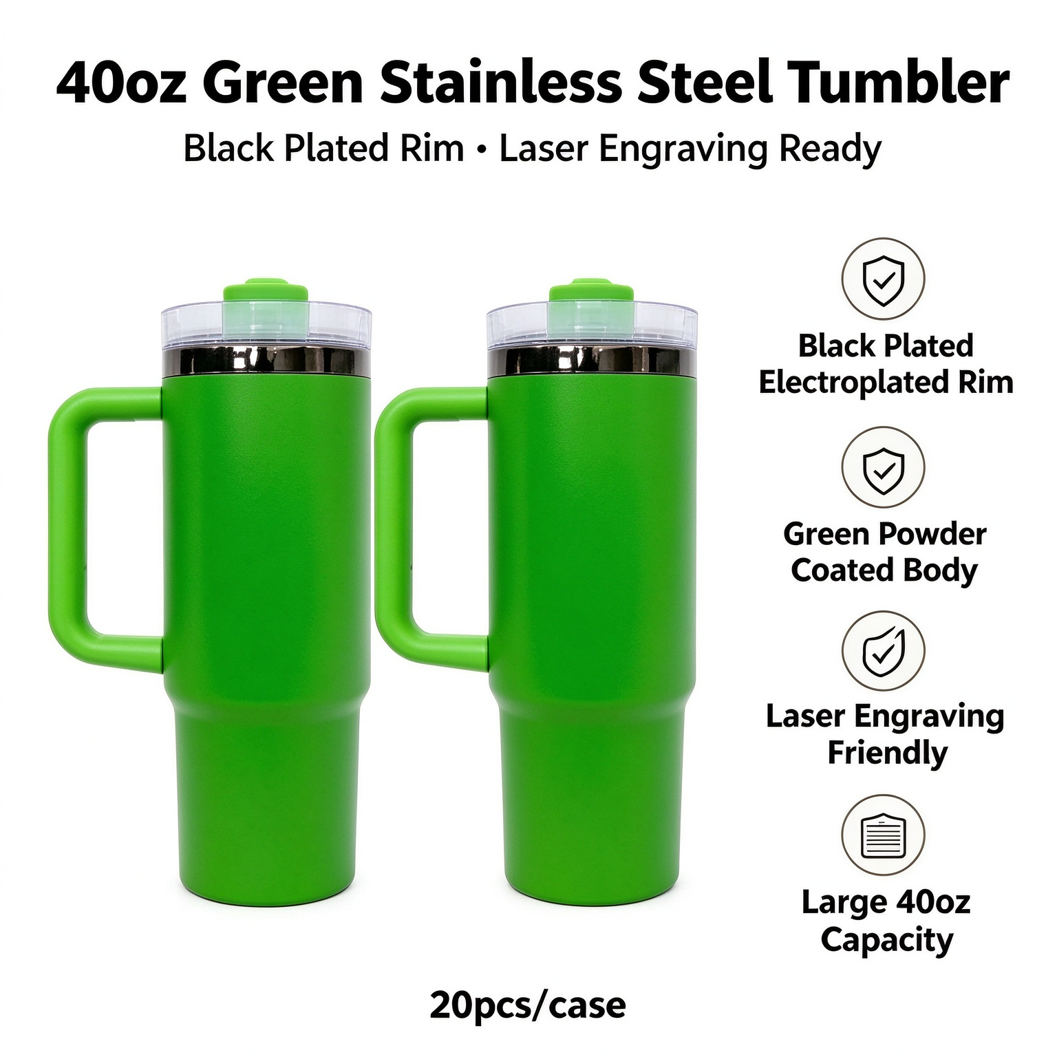 KOCDAM 20 Pack 40oz Green Engraved Mugs Powder-Coated Mugs  Black Underneath With Plastic Straws