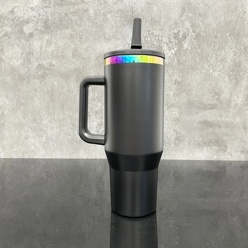 KOCDAM 16 Pack 40oz Black And Whie Engraved Mugs Powder-Coated Mugs Colors Underneath With Plastic Straws