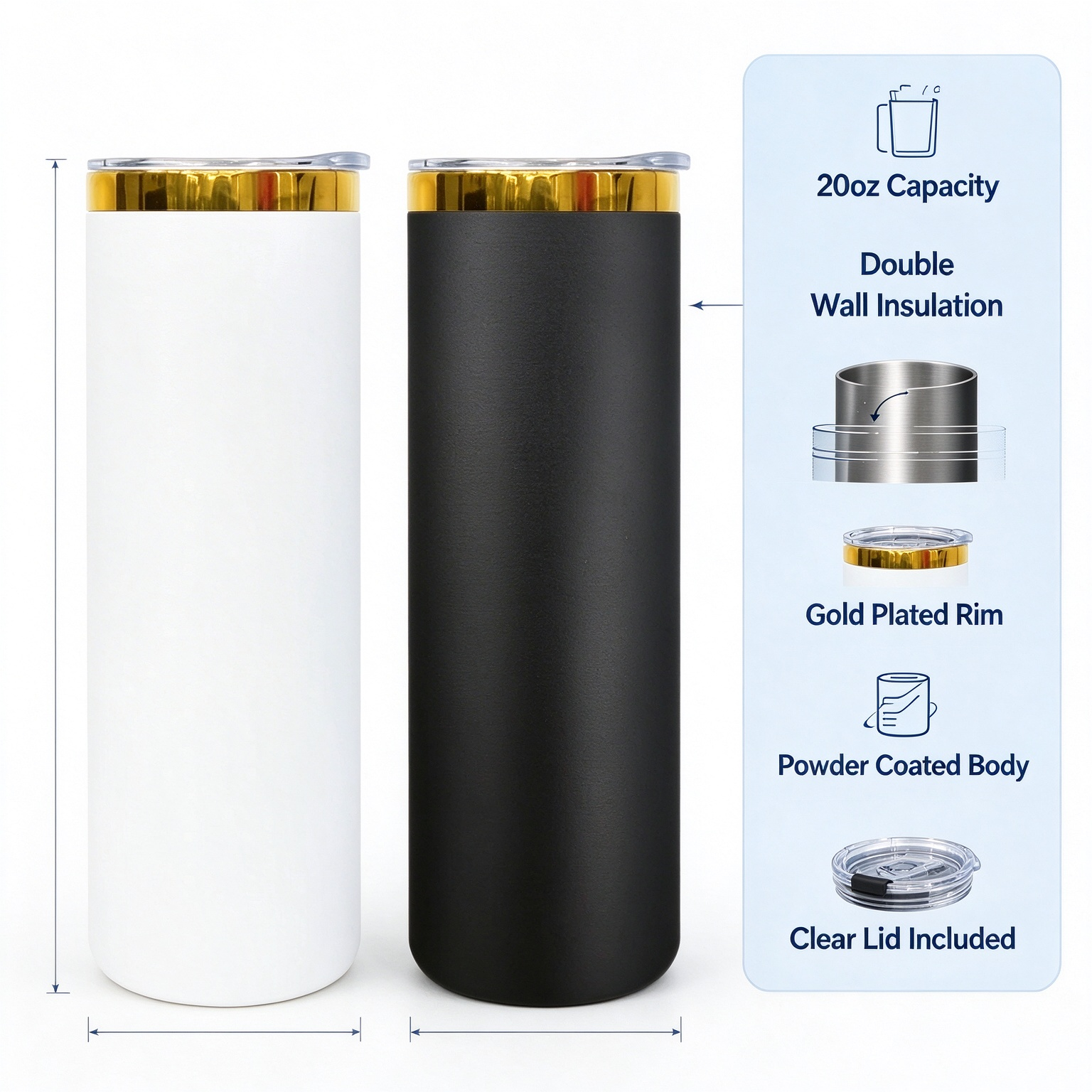 KOCDAM 25 Pack 20oz Black And White Powder Coated Vacuum Stainless Steel Cups Tumblers Gold Underneath With Plastic Straw