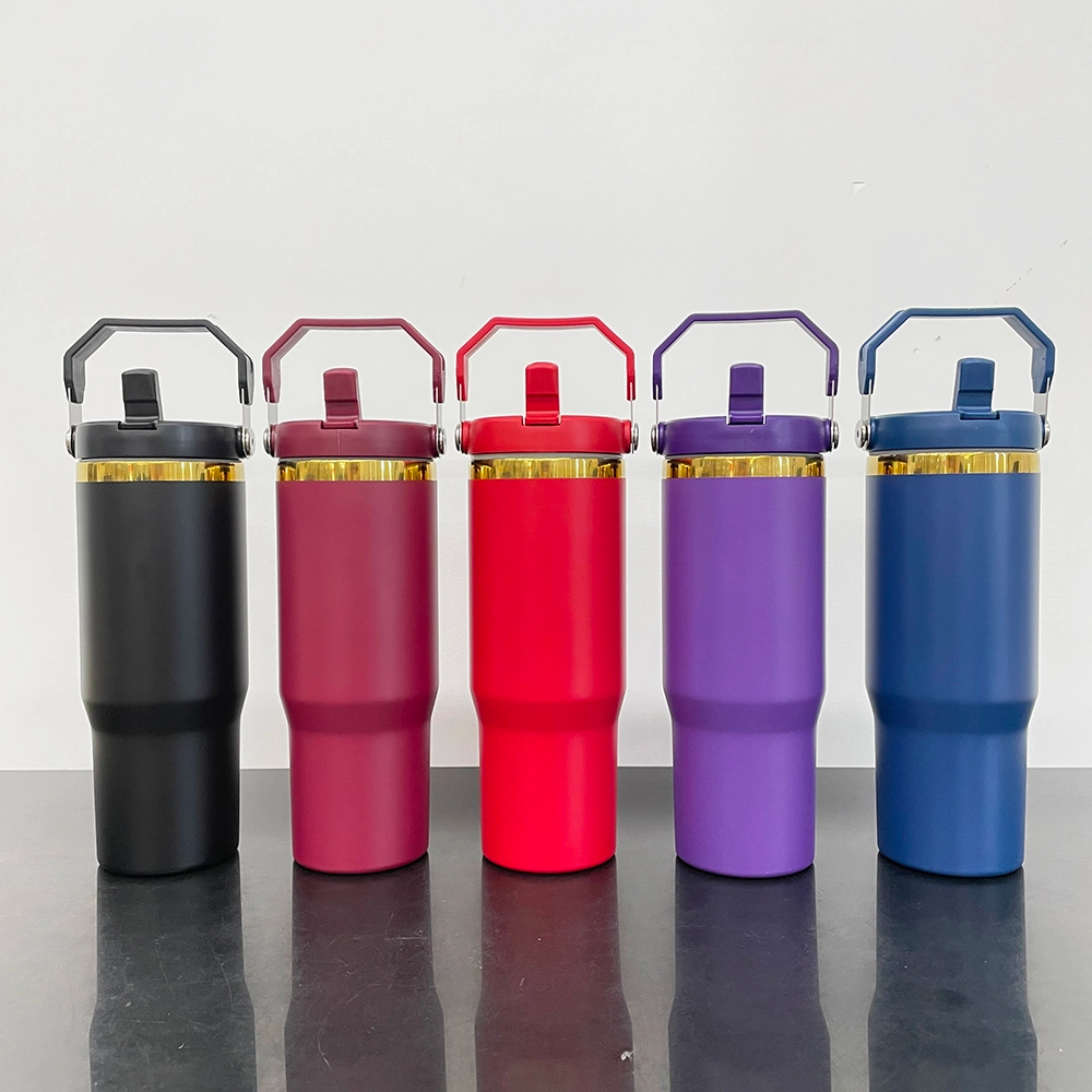 KOCDAM 20 Pack 30oz Colors Engraved Flip Bottles Powder-Coated Cups Gold Underneath Mugs With Plastic Straws