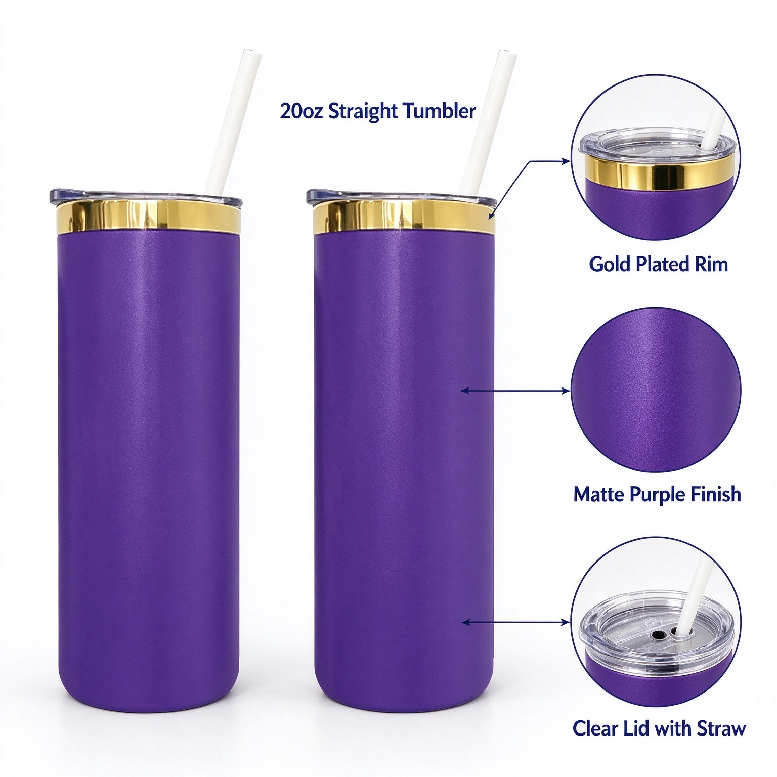 KOCDAM 25 Pack 20oz Purple Powder Coated Vacuum Stainless Steel Cups Tumblers Gold Underneath With Plastic Straw