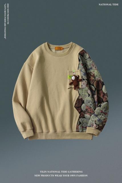 Bear Pendant Contrast Color Patchwork Crewneck Sweatshirt