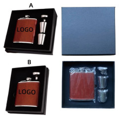 8 Oz Stainless Steel Bamboo Leatherette Flask Gift Set W/Shot Glasses