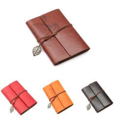A6 PU Leather Refillable Loose-Leaf Journal W/ Leaf Pendant & Tie Closure