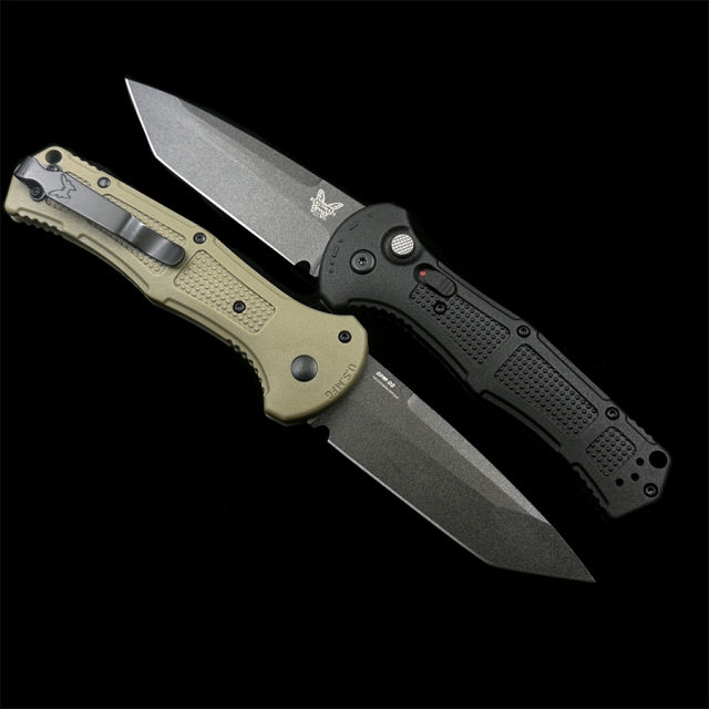 Benchmade 9071BK Claymore AUTO Folding Knife 3.6" CPM-D2 Cobalt Black Tanto Plain Blade, Black Grivory Handles
