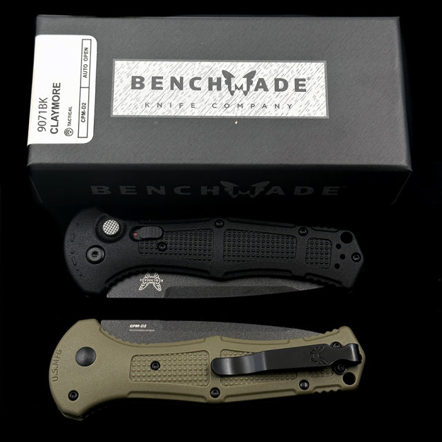 Benchmade 9071BK Claymore AUTO Folding Knife 3.6" CPM-D2 Cobalt Black Tanto Plain Blade, Black Grivory Handles