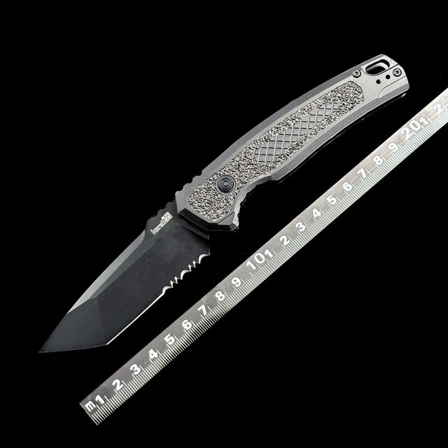 Kershaw 7105 Launch 16 AUTO Folding Knife 3.45&quot; CPM-M4 Black Cerakote Tanto Combo Blade, Black Aluminum Handles with Trac-Tec Inlays, Reversible Clip