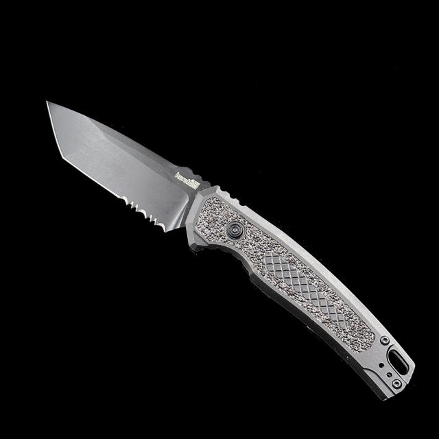 Kershaw 7105 Launch 16 AUTO Folding Knife 3.45" CPM-M4 Black Cerakote Tanto Combo Blade, Black Aluminum Handles with Trac-Tec Inlays, Reversible Clip