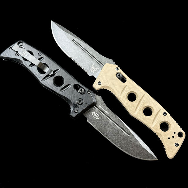 Benchmade 2750GY-3 Shane Sibert AUTO Adamas Folding Knife 3.78" CruWear Tungsten Gray Plain Blade, Desert Tan G10 Handles, Ballistic Nylon Sheath