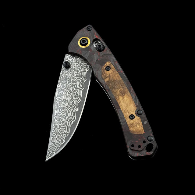 BM 15085-201 AXIS Damascus Wooden Handle Blade Folding Knife Outdoor Camping Hunting Pocket EDC Tool BM15085 Knife