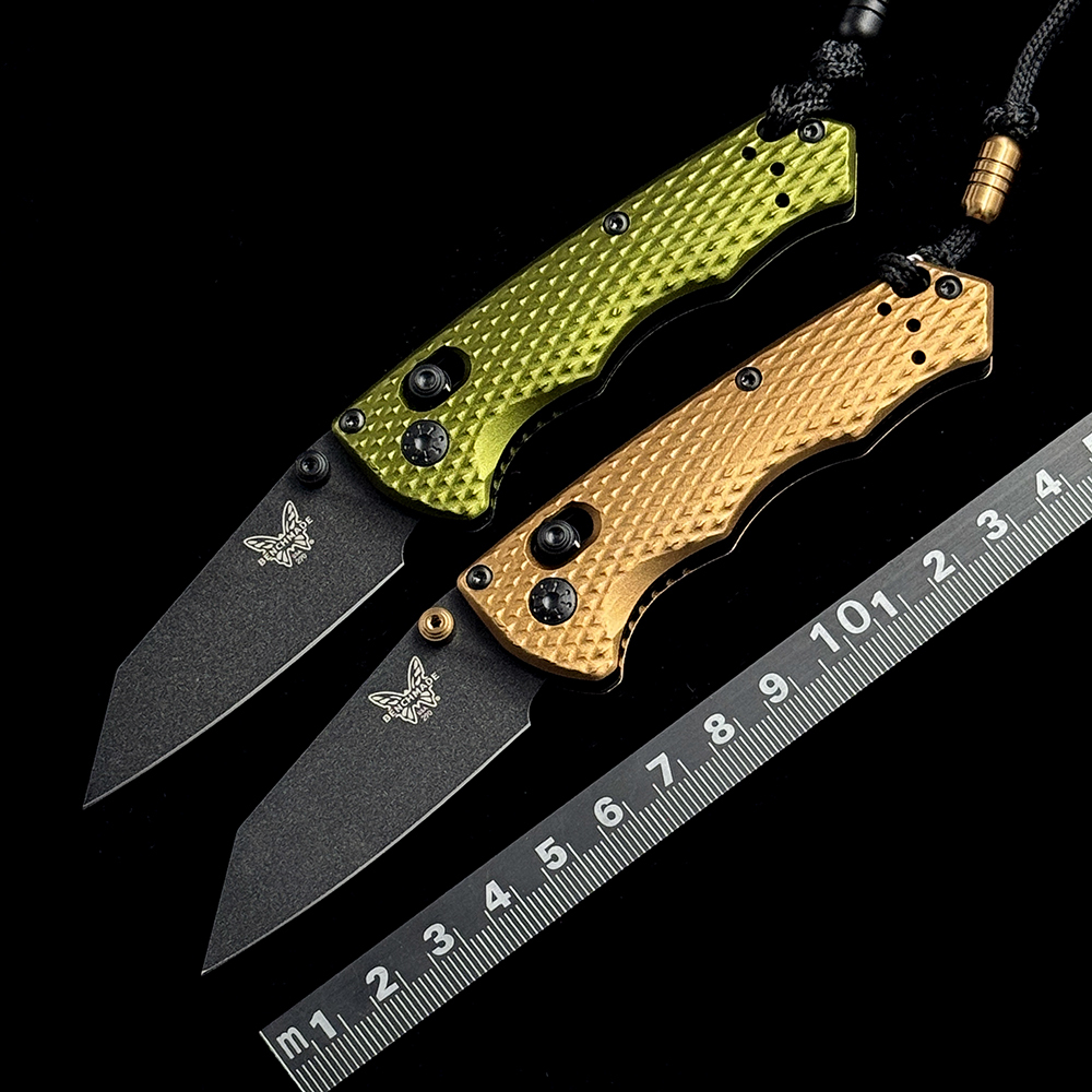 BM 290BK-2 Full Immunity AXIS Folding Knife 2.49" CPM-M4 Cobalt Black Wharncliffe Blade, Woodland Green Billet Aluminum Handles