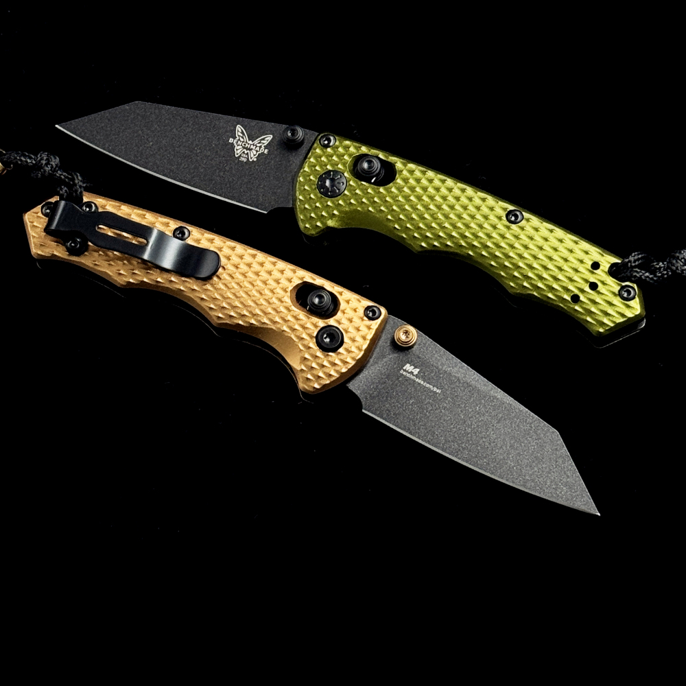 BM 290BK-2 Full Immunity AXIS Folding Knife 2.49" CPM-M4 Cobalt Black Wharncliffe Blade, Woodland Green Billet Aluminum Handles