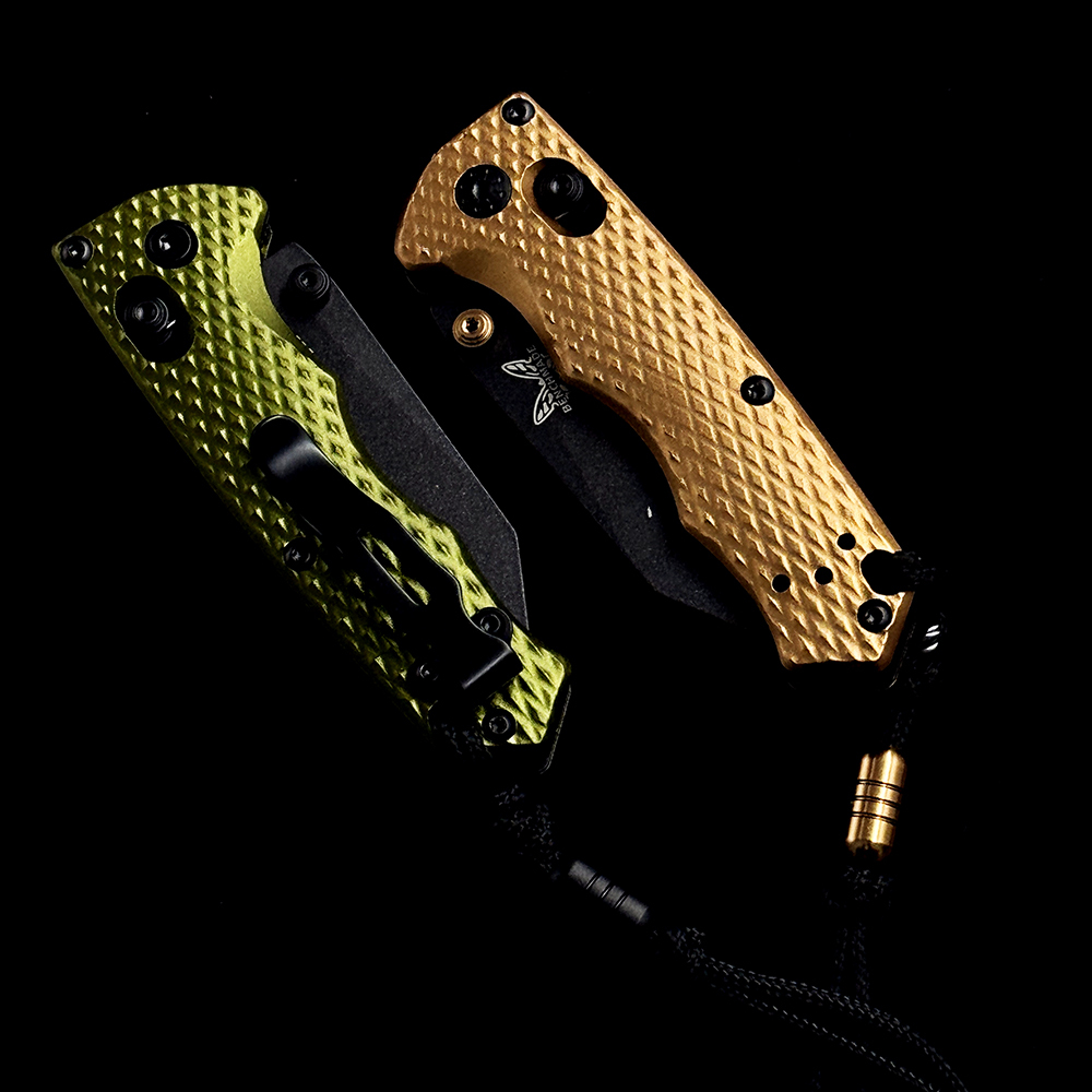 BM 290BK-2 Full Immunity AXIS Folding Knife 2.49" CPM-M4 Cobalt Black Wharncliffe Blade, Woodland Green Billet Aluminum Handles