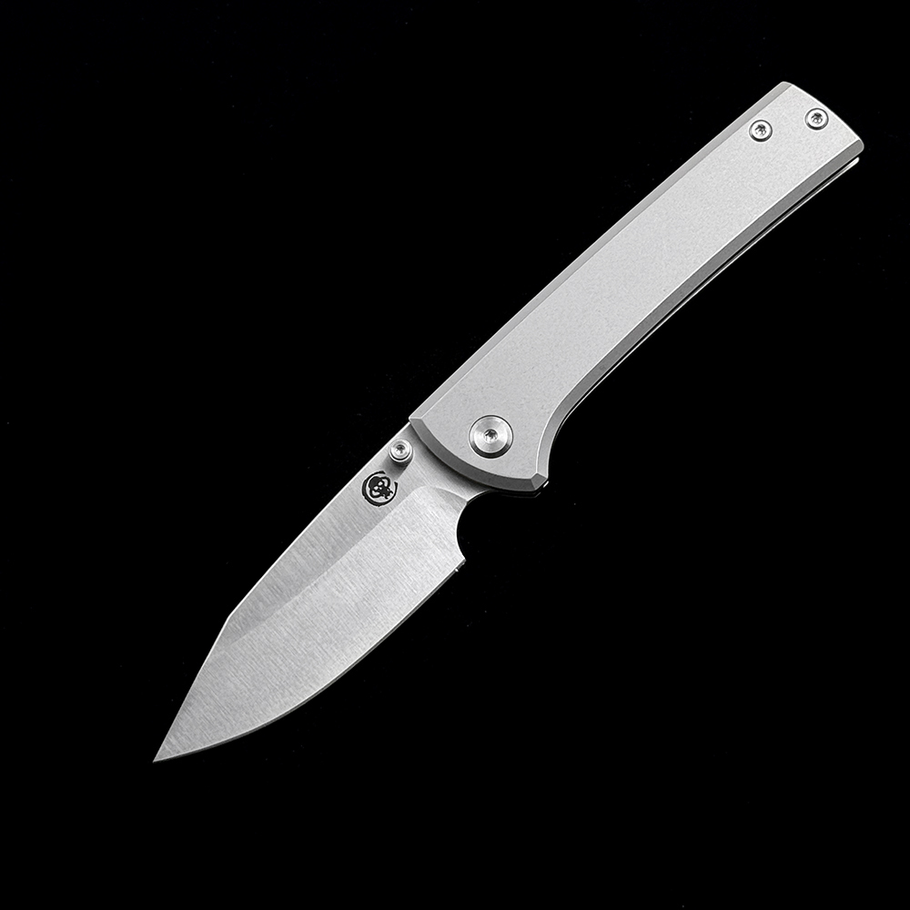 Chaves Knives Scapegoat Street Folding Knife 3.39" M390 Satin Clip Point Blade, Stonewashed Titanium Handles, Frame Lock