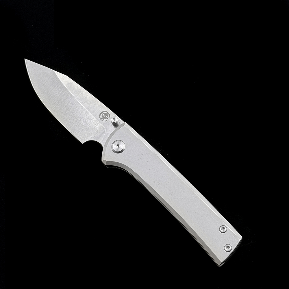 Chaves Knives Scapegoat Street Folding Knife 3.39" M390 Satin Clip Point Blade, Stonewashed Titanium Handles, Frame Lock