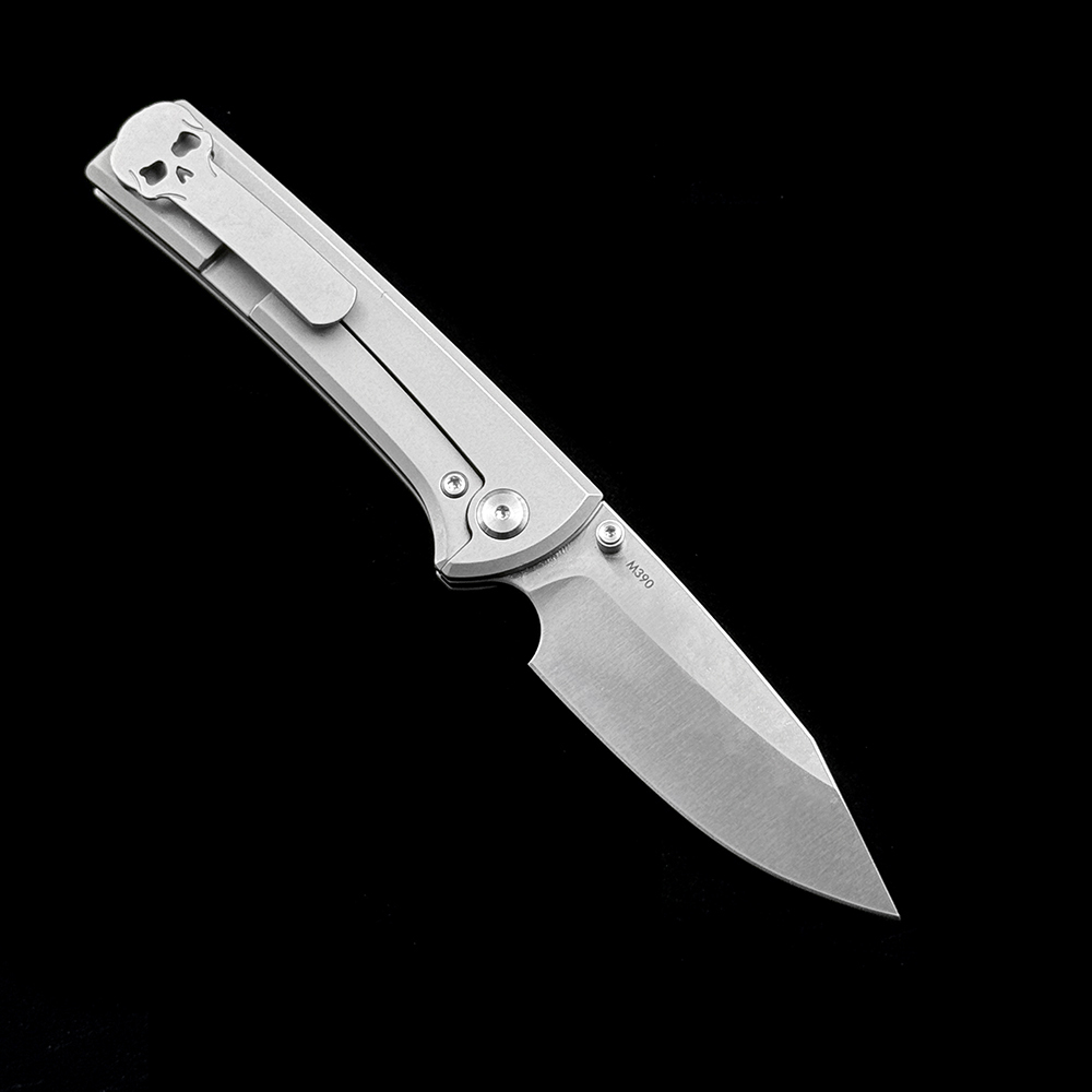 Chaves Knives Scapegoat Street Folding Knife 3.39" M390 Satin Clip Point Blade, Stonewashed Titanium Handles, Frame Lock