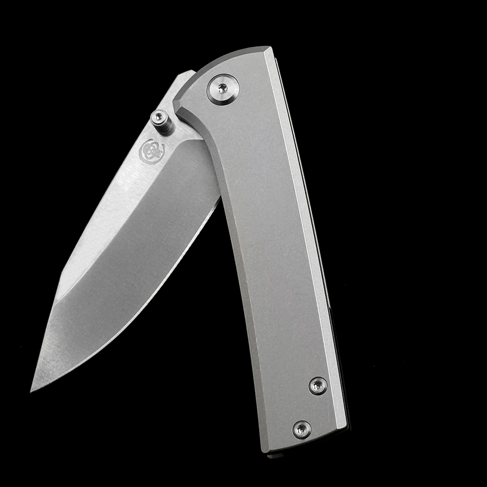 Chaves Knives Scapegoat Street Folding Knife 3.39" M390 Satin Clip Point Blade, Stonewashed Titanium Handles, Frame Lock