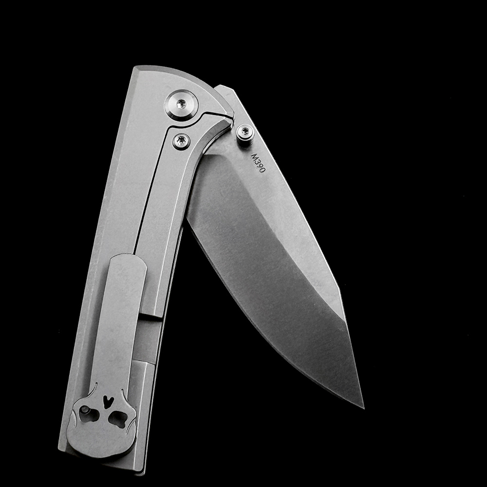 Chaves Knives Scapegoat Street Folding Knife 3.39" M390 Satin Clip Point Blade, Stonewashed Titanium Handles, Frame Lock