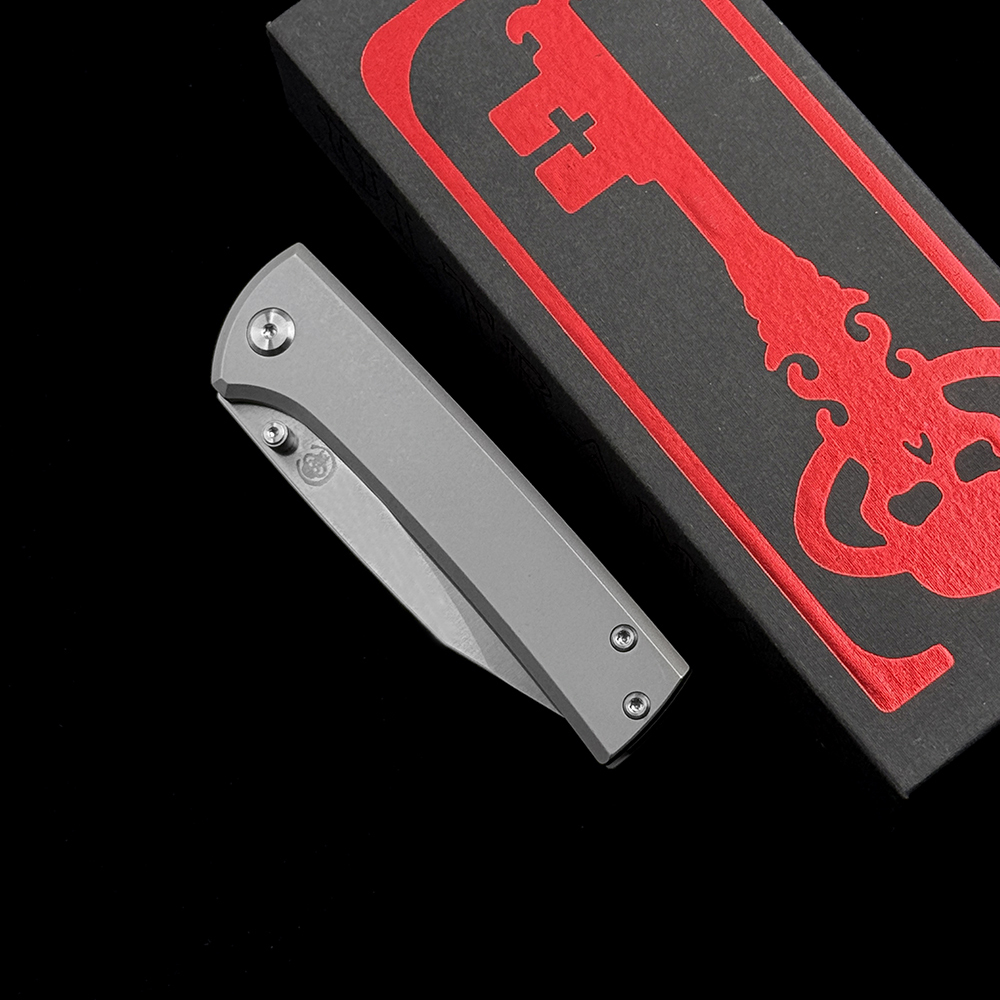 Chaves Knives Scapegoat Street Folding Knife 3.39" M390 Satin Clip Point Blade, Stonewashed Titanium Handles, Frame Lock