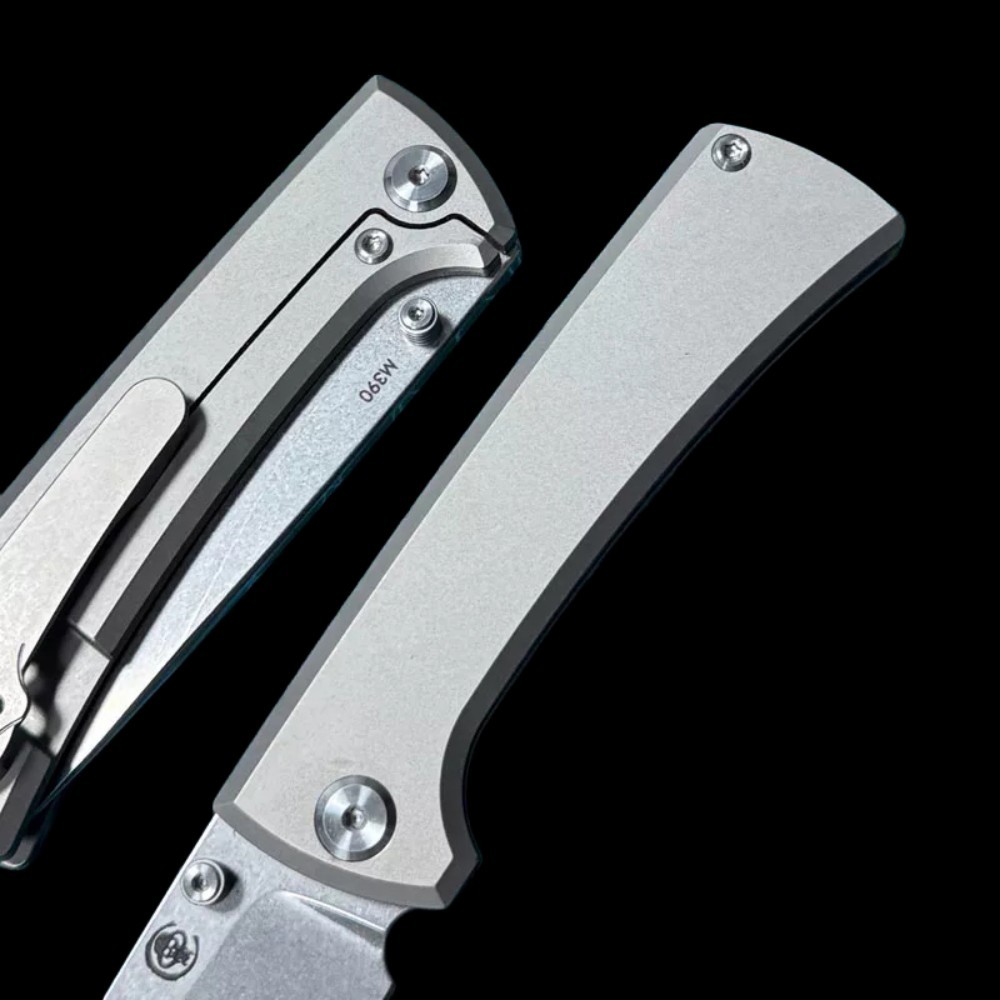 Chaves Knives RCK9 Folding Knife 3.25" M390 Satin Drop Point Blade, Stonewashed Titanium Handles