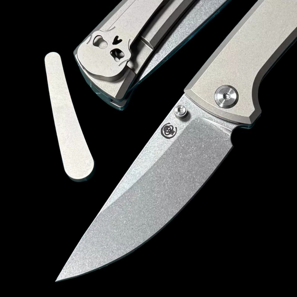 Chaves Knives RCK9 Folding Knife 3.25" M390 Satin Drop Point Blade, Stonewashed Titanium Handles